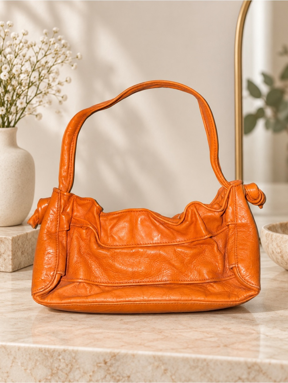 Orange Genuine Leather Slouchy Shoulder Bag | Knotted Hobo Style